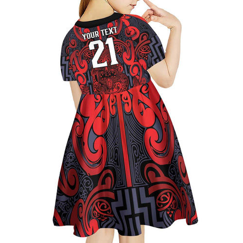Custom New Zealand Taiaha Maori Kid Short Sleeve Dress Whero Minimalist Silver Fern Tukutuku Motif