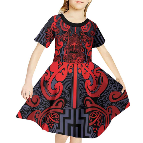 Custom New Zealand Taiaha Maori Kid Short Sleeve Dress Whero Minimalist Silver Fern Tukutuku Motif