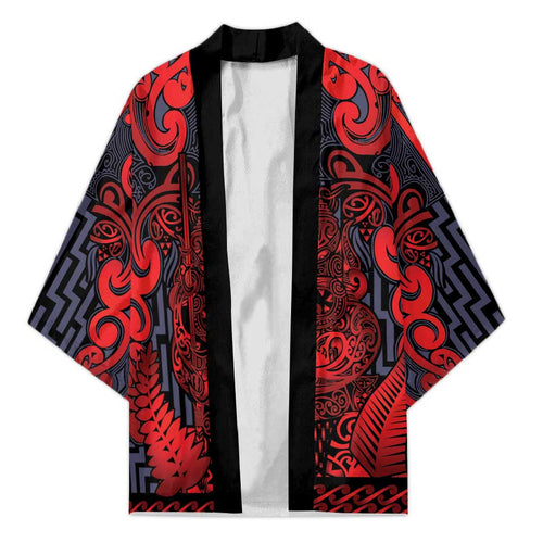 Custom New Zealand Taiaha Maori Kimono Whero Minimalist Silver Fern Tukutuku Motif