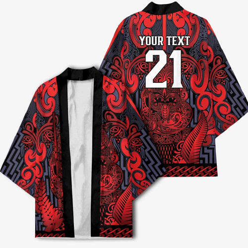 Custom New Zealand Taiaha Maori Kimono Whero Minimalist Silver Fern Tukutuku Motif