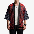 Custom New Zealand Taiaha Maori Kimono Whero Minimalist Silver Fern Tukutuku Motif