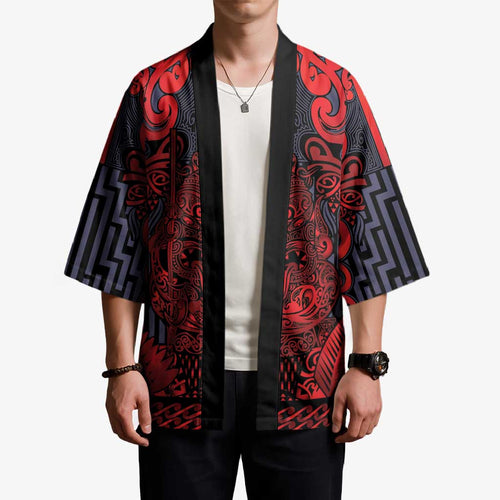 Custom New Zealand Taiaha Maori Kimono Whero Minimalist Silver Fern Tukutuku Motif