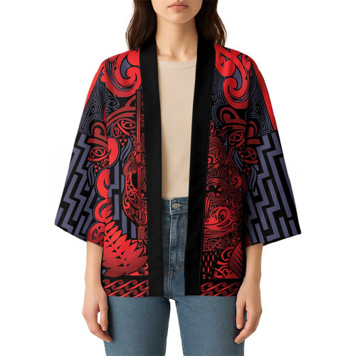 Custom New Zealand Taiaha Maori Kimono Whero Minimalist Silver Fern Tukutuku Motif
