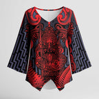 Custom New Zealand Taiaha Maori Kimono Sleeve Blouse Whero Minimalist Silver Fern Tukutuku Motif