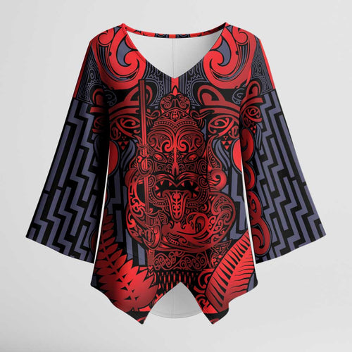 Custom New Zealand Taiaha Maori Kimono Sleeve Blouse Whero Minimalist Silver Fern Tukutuku Motif