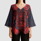 Custom New Zealand Taiaha Maori Kimono Sleeve Blouse Whero Minimalist Silver Fern Tukutuku Motif