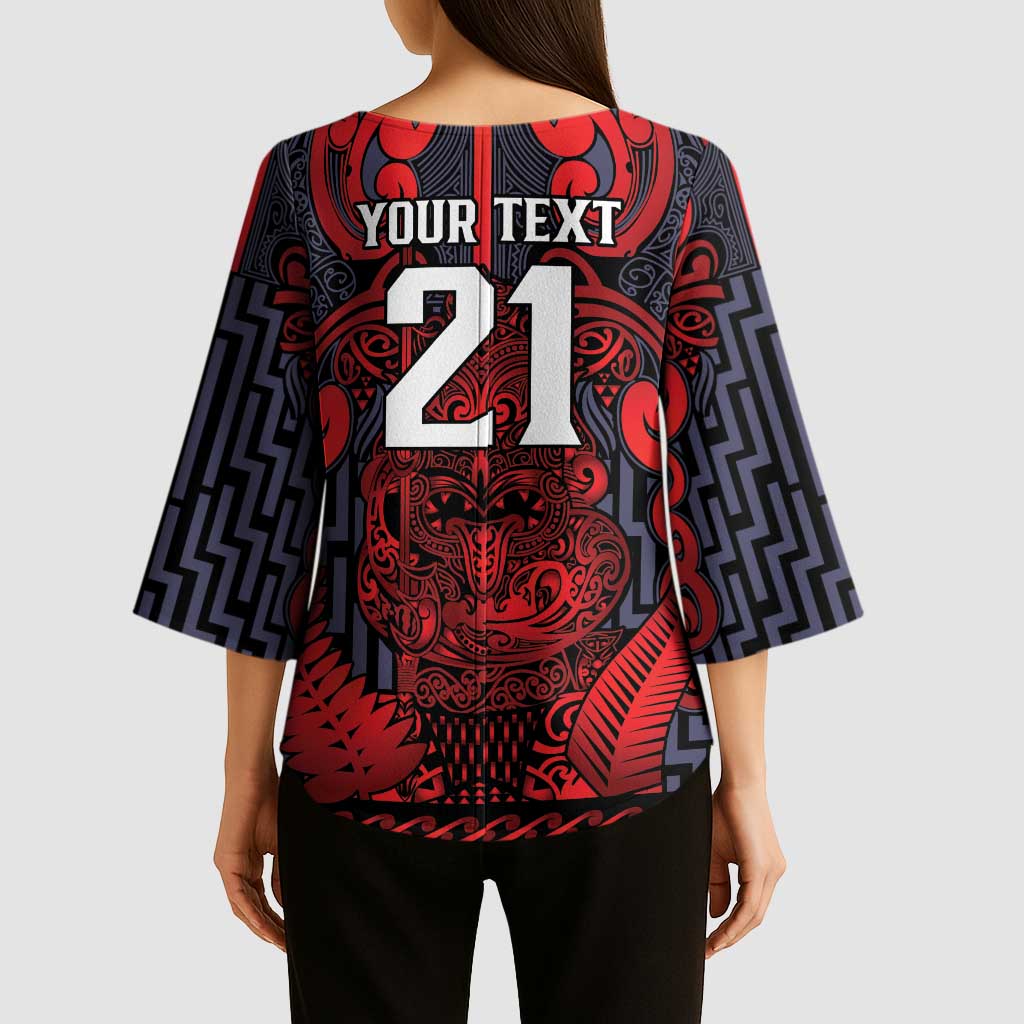 Custom New Zealand Taiaha Maori Kimono Sleeve Blouse Whero Minimalist Silver Fern Tukutuku Motif