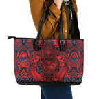 New Zealand Taiaha Maori Leather Tote Bag Whero Minimalist Silver Fern Tukutuku Motif
