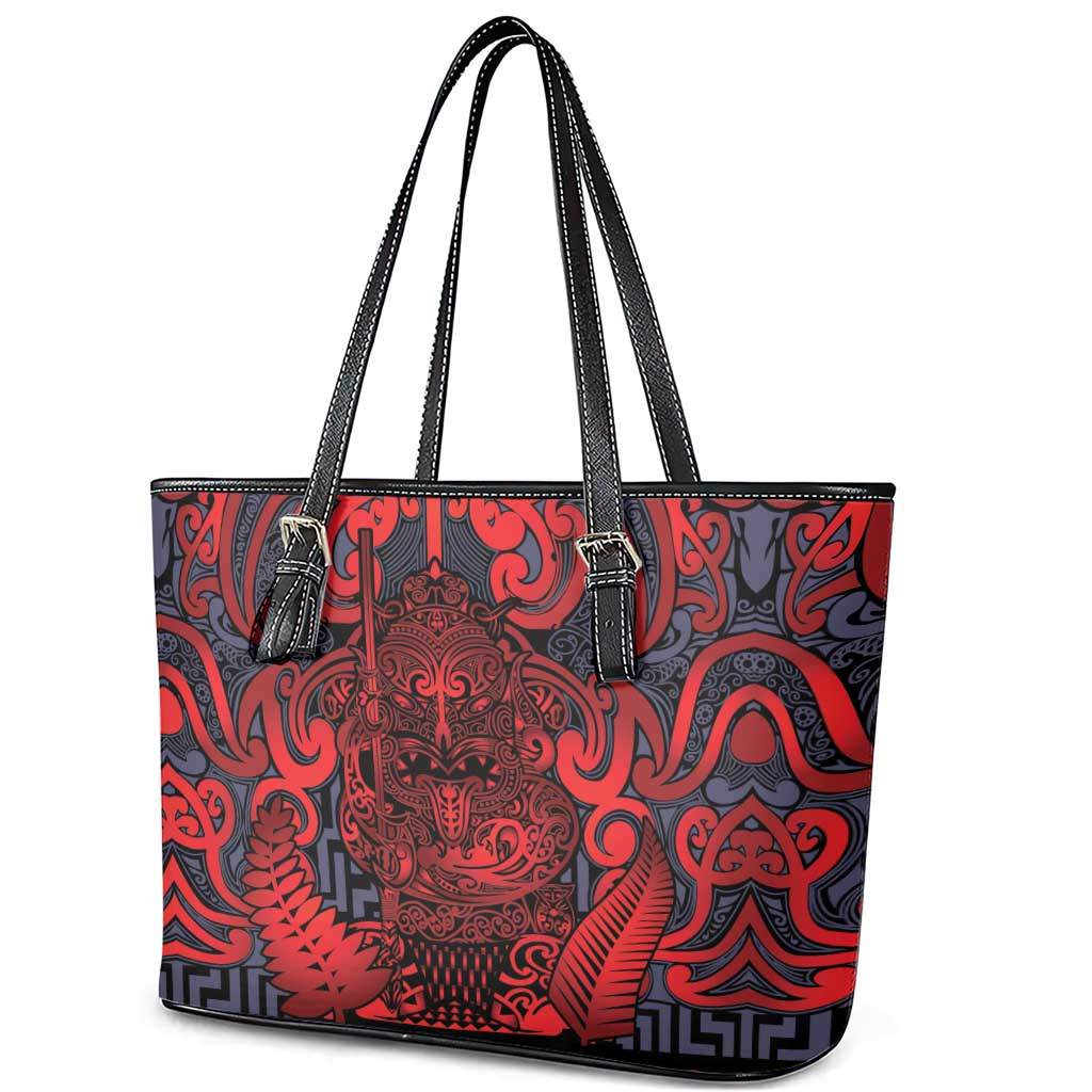 New Zealand Taiaha Maori Leather Tote Bag Whero Minimalist Silver Fern Tukutuku Motif