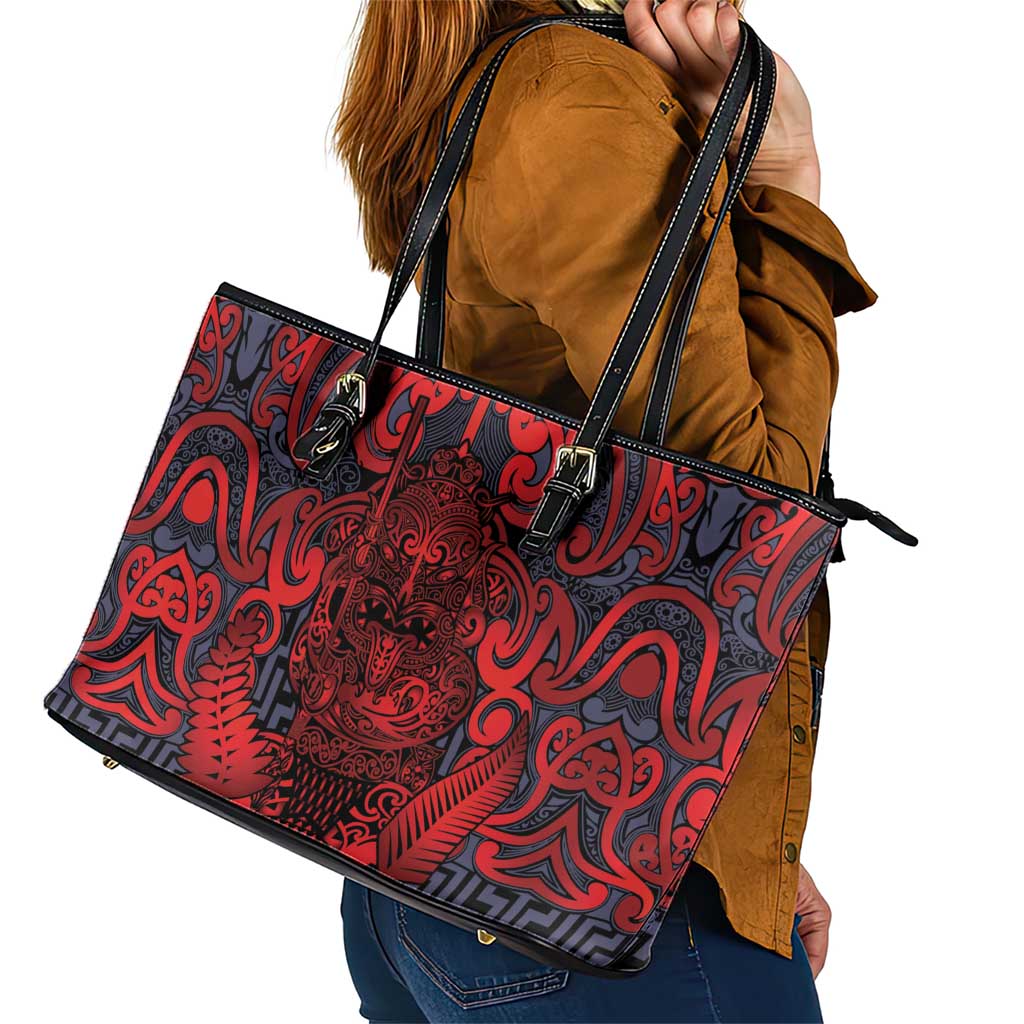 New Zealand Taiaha Maori Leather Tote Bag Whero Minimalist Silver Fern Tukutuku Motif