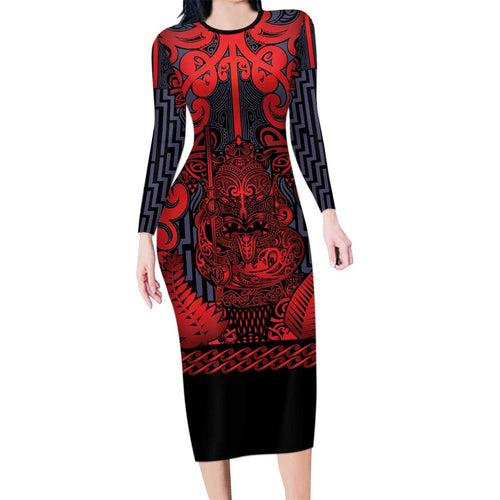 Custom New Zealand Taiaha Maori Long Sleeve Bodycon Dress Whero Minimalist Silver Fern Tukutuku Motif