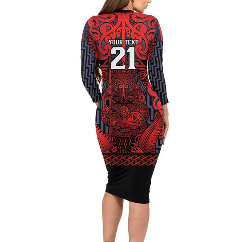 Custom New Zealand Taiaha Maori Long Sleeve Bodycon Dress Whero Minimalist Silver Fern Tukutuku Motif