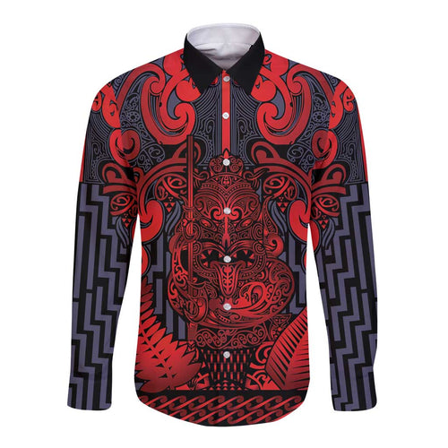 Custom New Zealand Taiaha Maori Long Sleeve Button Shirt Whero Minimalist Silver Fern Tukutuku Motif