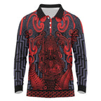Custom New Zealand Taiaha Maori Long Sleeve Polo Shirt Whero Minimalist Silver Fern Tukutuku Motif