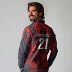 Custom New Zealand Taiaha Maori Long Sleeve Polo Shirt Whero Minimalist Silver Fern Tukutuku Motif