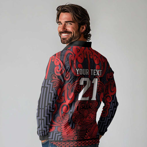 Custom New Zealand Taiaha Maori Long Sleeve Polo Shirt Whero Minimalist Silver Fern Tukutuku Motif
