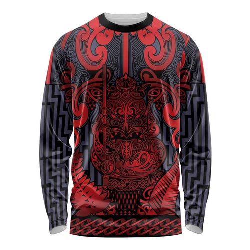 Custom New Zealand Taiaha Maori Long Sleeve Shirt Whero Minimalist Silver Fern Tukutuku Motif