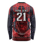 Custom New Zealand Taiaha Maori Long Sleeve Shirt Whero Minimalist Silver Fern Tukutuku Motif