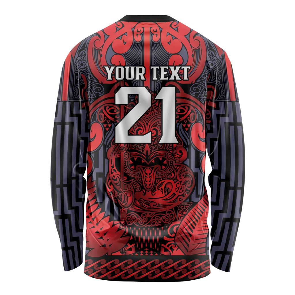Custom New Zealand Taiaha Maori Long Sleeve Shirt Whero Minimalist Silver Fern Tukutuku Motif