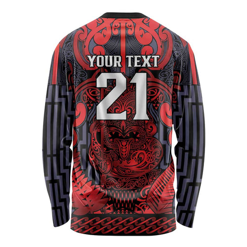 Custom New Zealand Taiaha Maori Long Sleeve Shirt Whero Minimalist Silver Fern Tukutuku Motif