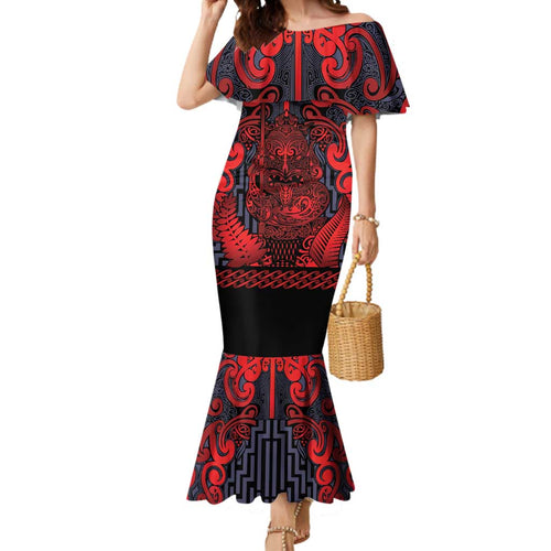 Custom New Zealand Taiaha Maori Mermaid Dress Whero Minimalist Silver Fern Tukutuku Motif