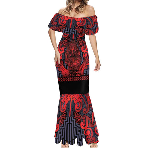 Custom New Zealand Taiaha Maori Mermaid Dress Whero Minimalist Silver Fern Tukutuku Motif