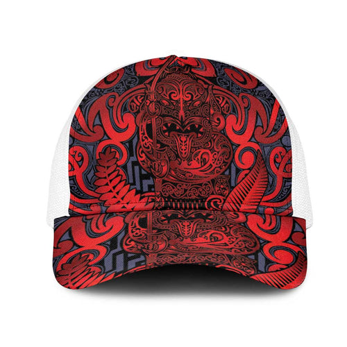 New Zealand Taiaha Maori Mesh Trucker Cap Whero Minimalist Silver Fern Tukutuku Motif