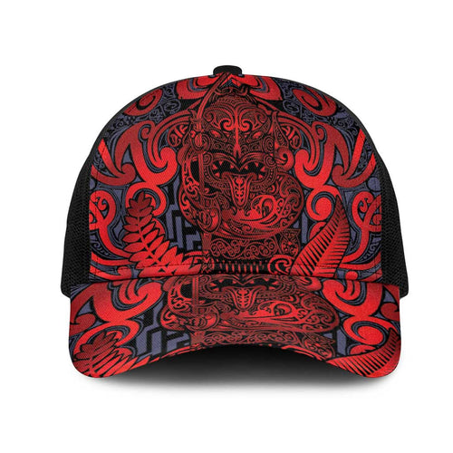 New Zealand Taiaha Maori Mesh Trucker Cap Whero Minimalist Silver Fern Tukutuku Motif