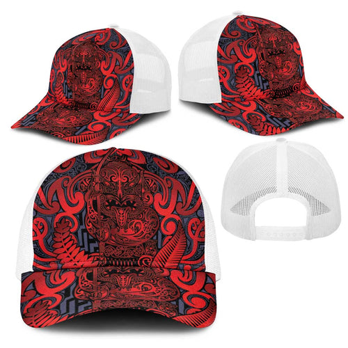 New Zealand Taiaha Maori Mesh Trucker Cap Whero Minimalist Silver Fern Tukutuku Motif
