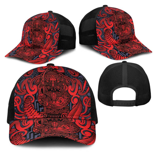 New Zealand Taiaha Maori Mesh Trucker Cap Whero Minimalist Silver Fern Tukutuku Motif