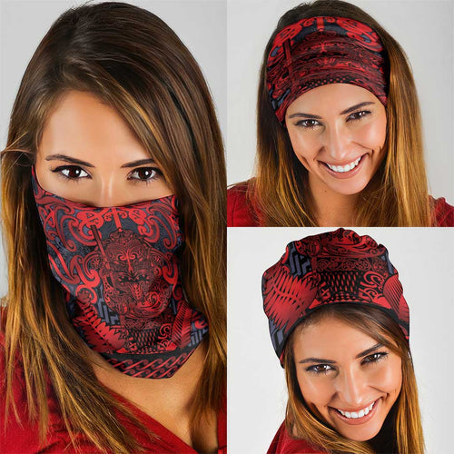 New Zealand Taiaha Maori Neck Gaiter Whero Minimalist Silver Fern Tukutuku Motif