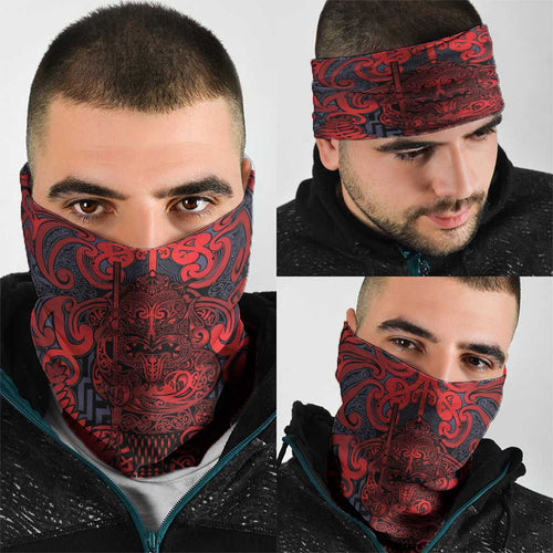 New Zealand Taiaha Maori Neck Gaiter Whero Minimalist Silver Fern Tukutuku Motif