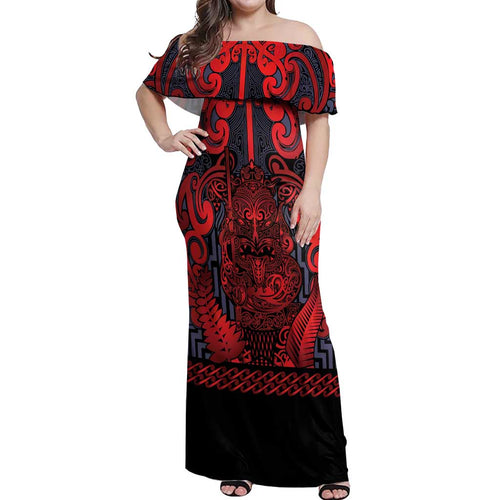 Custom New Zealand Taiaha Maori Off Shoulder Maxi Dress Whero Minimalist Silver Fern Tukutuku Motif