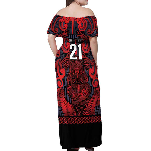 Custom New Zealand Taiaha Maori Off Shoulder Maxi Dress Whero Minimalist Silver Fern Tukutuku Motif