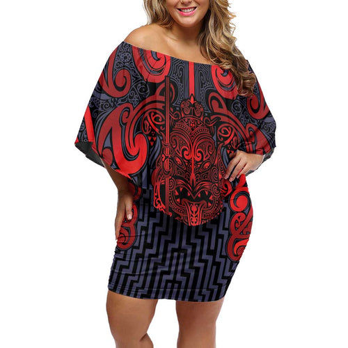 Custom New Zealand Taiaha Maori Off Shoulder Short Dress Whero Minimalist Silver Fern Tukutuku Motif