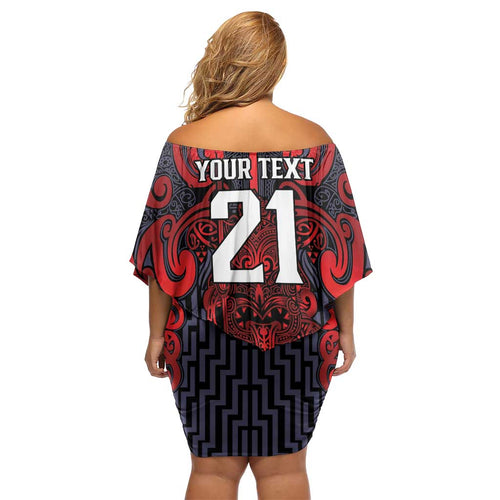 Custom New Zealand Taiaha Maori Off Shoulder Short Dress Whero Minimalist Silver Fern Tukutuku Motif