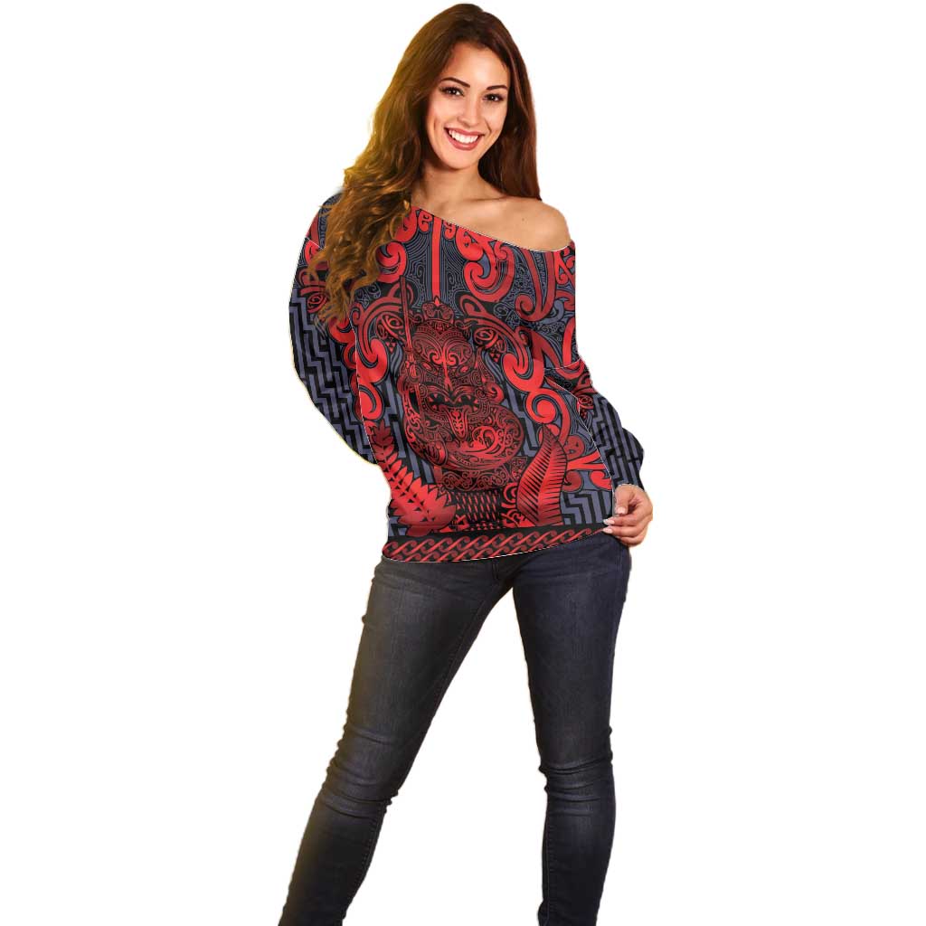 Custom New Zealand Taiaha Maori Off Shoulder Sweater Whero Minimalist Silver Fern Tukutuku Motif