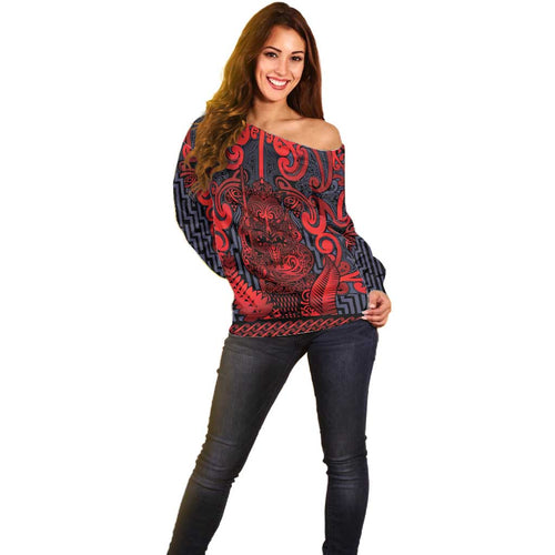 Custom New Zealand Taiaha Maori Off Shoulder Sweater Whero Minimalist Silver Fern Tukutuku Motif