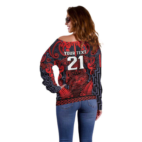 Custom New Zealand Taiaha Maori Off Shoulder Sweater Whero Minimalist Silver Fern Tukutuku Motif