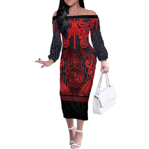 Custom New Zealand Taiaha Maori Off The Shoulder Long Sleeve Dress Whero Minimalist Silver Fern Tukutuku Motif