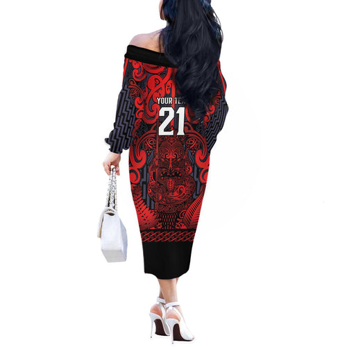 Custom New Zealand Taiaha Maori Off The Shoulder Long Sleeve Dress Whero Minimalist Silver Fern Tukutuku Motif