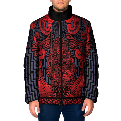 Custom New Zealand Taiaha Maori Padded Jacket Whero Minimalist Silver Fern Tukutuku Motif