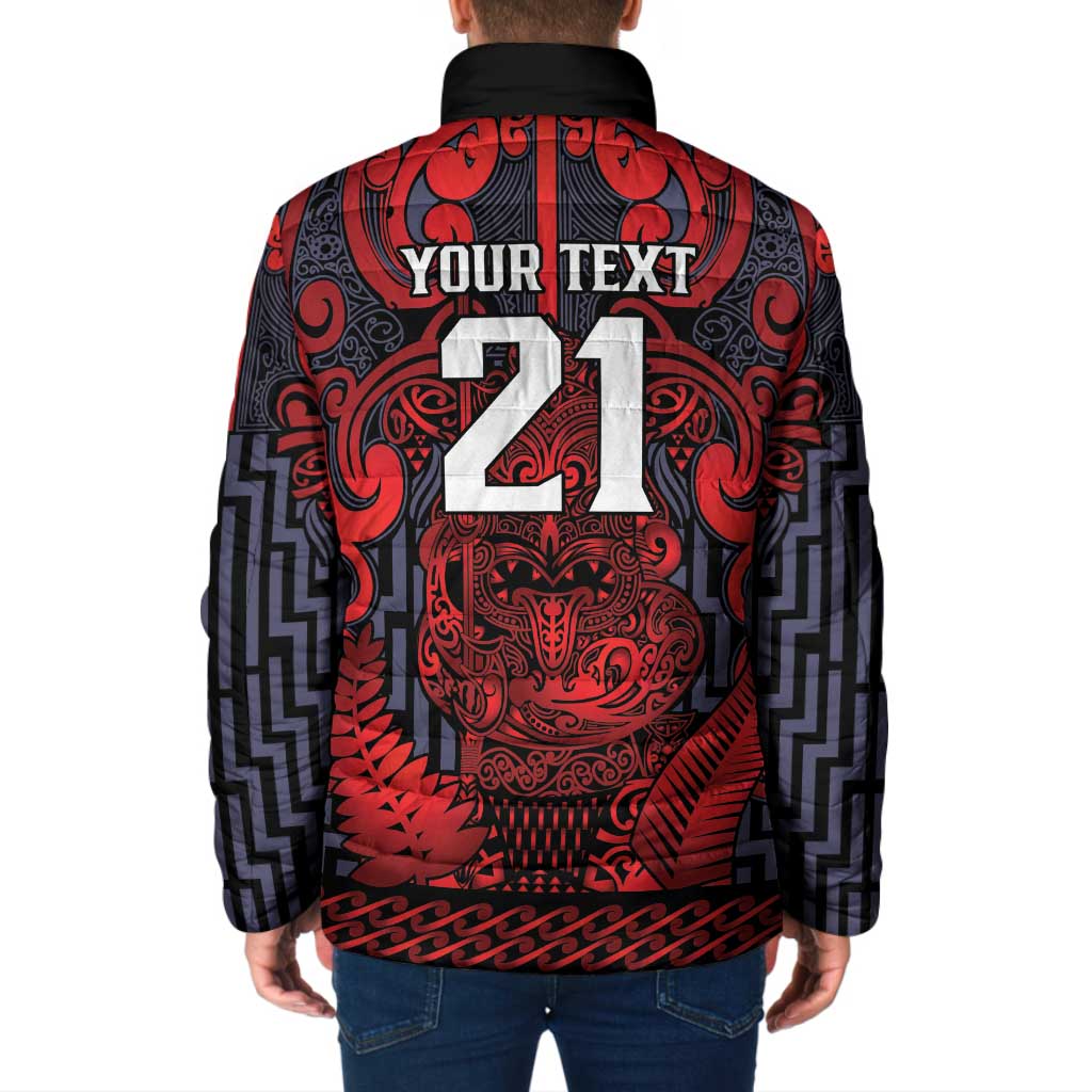 Custom New Zealand Taiaha Maori Padded Jacket Whero Minimalist Silver Fern Tukutuku Motif