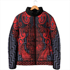 Custom New Zealand Taiaha Maori Padded Jacket Whero Minimalist Silver Fern Tukutuku Motif