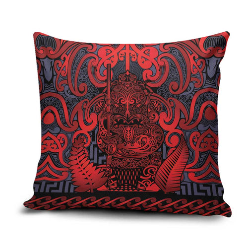 New Zealand Taiaha Maori Pillow Cover Whero Minimalist Silver Fern Tukutuku Motif