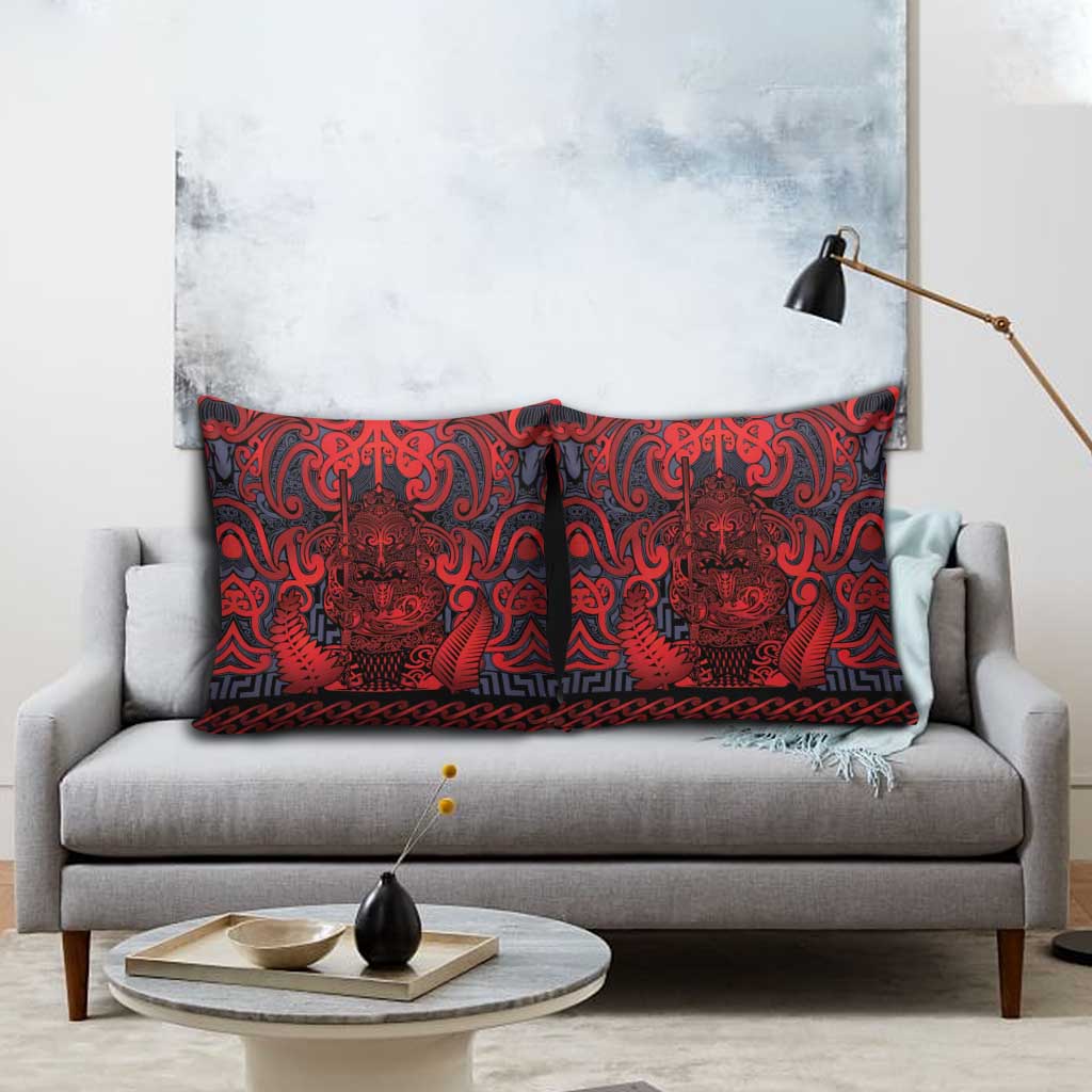 New Zealand Taiaha Maori Pillow Cover Whero Minimalist Silver Fern Tukutuku Motif
