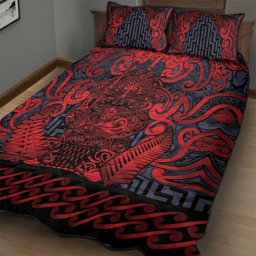 New Zealand Taiaha Maori Quilt Bed Set Whero Minimalist Silver Fern Tukutuku Motif