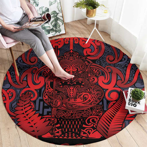 New Zealand Taiaha Maori Round Carpet Whero Minimalist Silver Fern Tukutuku Motif