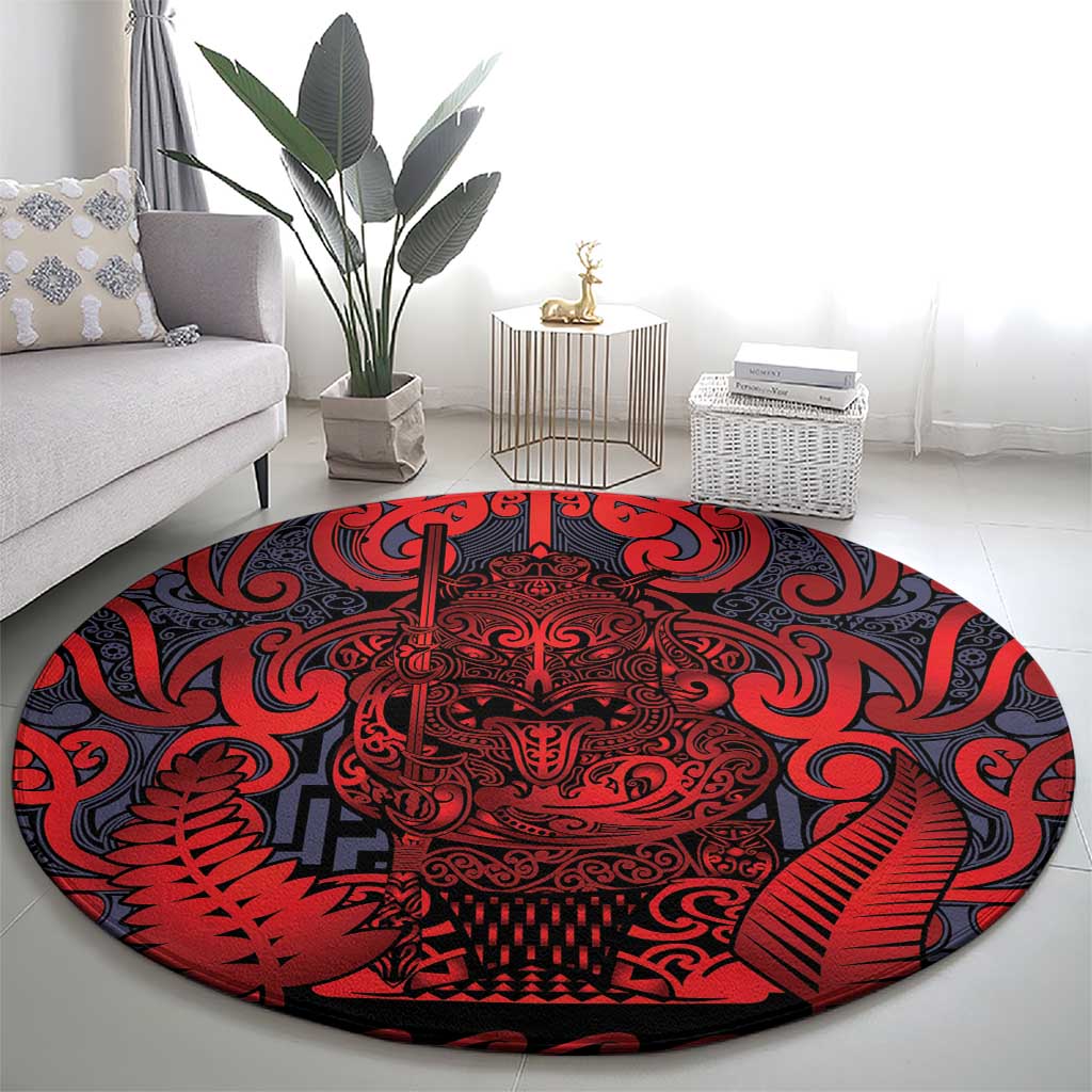 New Zealand Taiaha Maori Round Carpet Whero Minimalist Silver Fern Tukutuku Motif