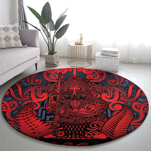 New Zealand Taiaha Maori Round Carpet Whero Minimalist Silver Fern Tukutuku Motif